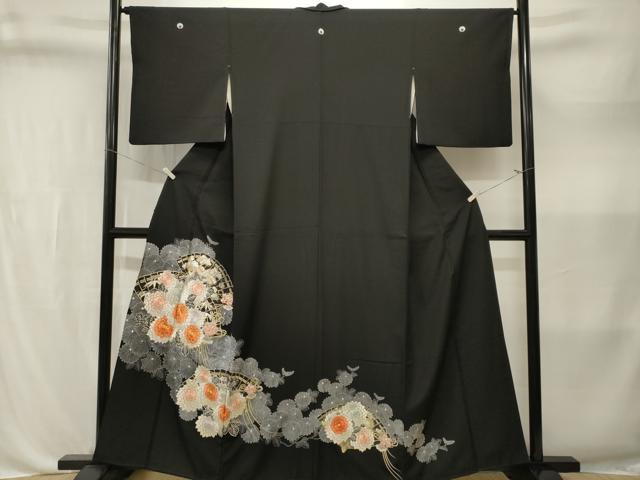 平和屋着物■豪華黒留袖　駒刺繍　檜扇花文　金銀糸　正絹　逸品　CABL3576ev