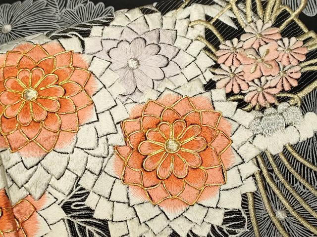 平和屋着物■豪華黒留袖　駒刺繍　檜扇花文　金銀糸　正絹　逸品　CABL3576ev