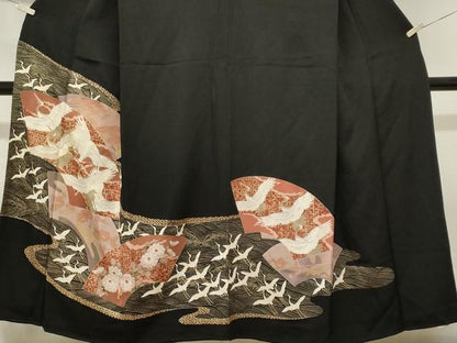平和屋着物■豪華黒留袖　駒刺繍　立波飛鶴地紙花文　金彩　正絹　逸品　CABL3586ev