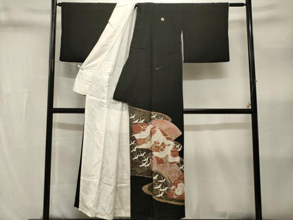 平和屋着物■豪華黒留袖　駒刺繍　立波飛鶴地紙花文　金彩　正絹　逸品　CABL3586ev