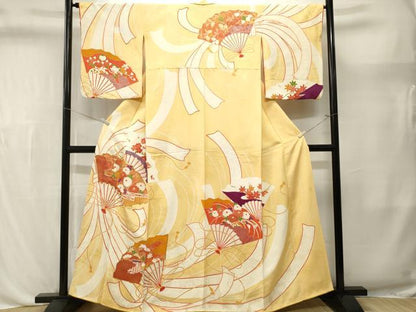 平和屋着物■訪問着　駒刺繍　束ね熨斗檜扇草花文　金銀彩　正絹　逸品　CABL3595ev