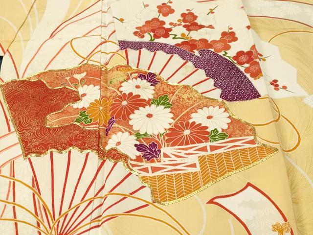 平和屋着物■訪問着　駒刺繍　束ね熨斗檜扇草花文　金銀彩　正絹　逸品　CABL3595ev