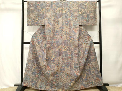 平和屋着物■上質な小紋　紬地　陶器絵皿更紗枝花文　正絹　逸品　CABL3598ev