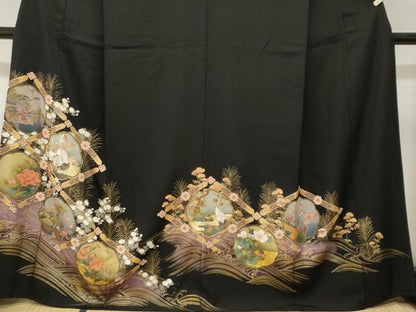 平和屋着物■豪華黒留袖　駒刺繍　天井群鶴草花文　暈し染め　金彩　正絹　逸品　CABL3620ev