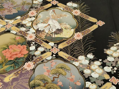 平和屋着物■豪華黒留袖　駒刺繍　天井群鶴草花文　暈し染め　金彩　正絹　逸品　CABL3620ev