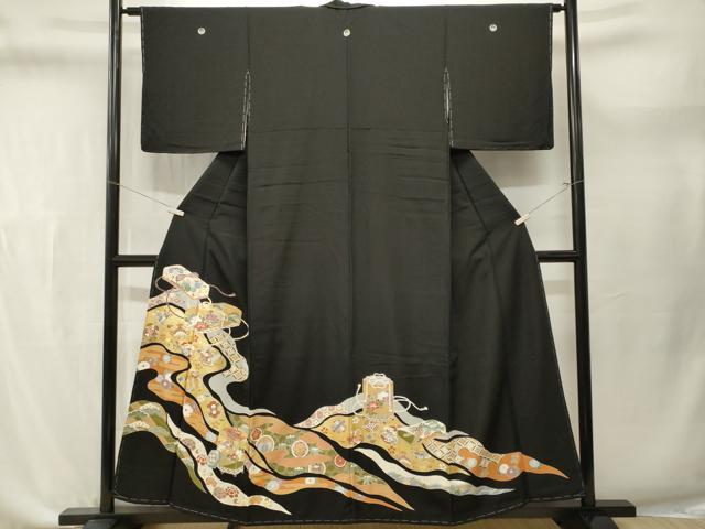 平和屋着物■豪華黒留袖　駒刺繍　道長宝尽し文箱貝桶花文　金彩　正絹　逸品　CABL3632ev