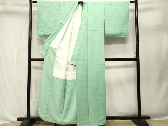 平和屋着物■上質な色無地　芝草花地紋　若緑色　正絹　逸品　CABL3659ev