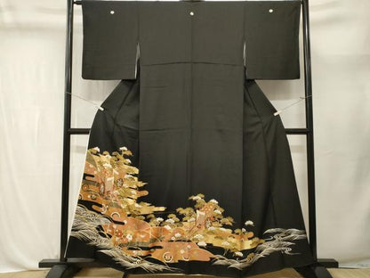平和屋着物■豪華黒留袖　流水扇面御所車花文　金彩　正絹　逸品　CABL3699ev