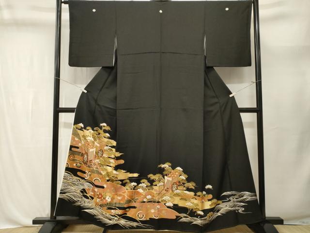 平和屋着物■豪華黒留袖　流水扇面御所車花文　金彩　正絹　逸品　CABL3699ev