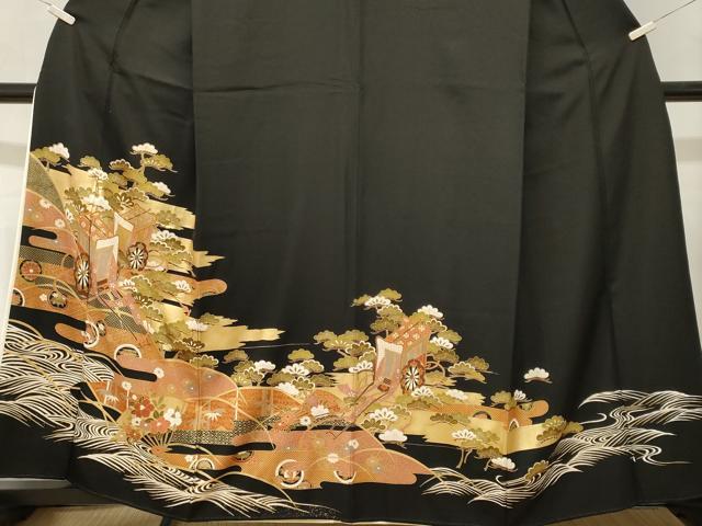 平和屋着物■豪華黒留袖　流水扇面御所車花文　金彩　正絹　逸品　CABL3699ev