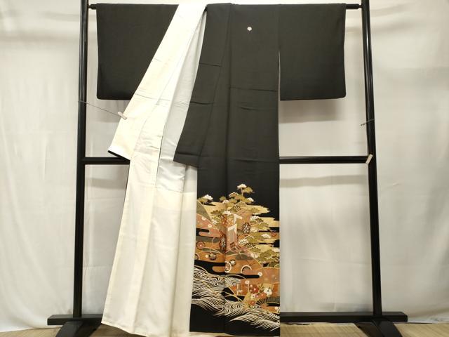 平和屋着物■豪華黒留袖　流水扇面御所車花文　金彩　正絹　逸品　CABL3699ev