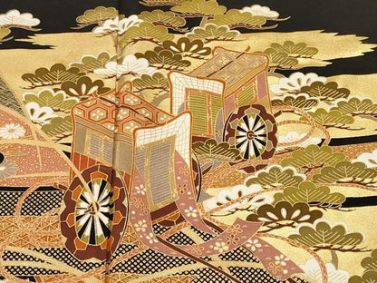 平和屋着物■豪華黒留袖　流水扇面御所車花文　金彩　正絹　逸品　CABL3699ev