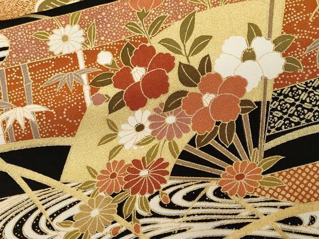 平和屋着物■豪華黒留袖　流水扇面御所車花文　金彩　正絹　逸品　CABL3699ev