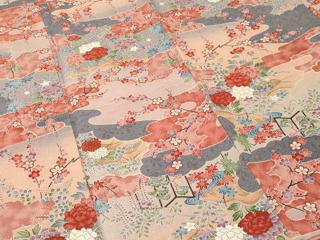 平和屋着物■上質な小紋　流水草花文　暈し染め　金彩　鬼しぼ縮緬　正絹　逸品　CABL3730ev
