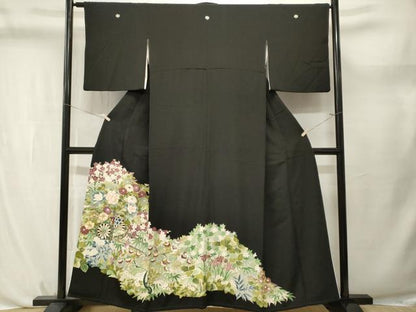 平和屋着物■豪華黒留袖　駒刺繍　花車文　枝花文　暈し染め　金彩　正絹　逸品　CABL3732ev