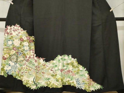 平和屋着物■豪華黒留袖　駒刺繍　花車文　枝花文　暈し染め　金彩　正絹　逸品　CABL3732ev