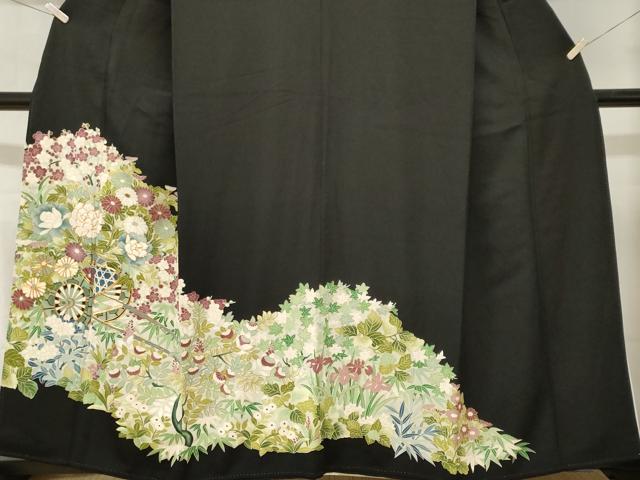 平和屋着物■豪華黒留袖　駒刺繍　花車文　枝花文　暈し染め　金彩　正絹　逸品　CABL3732ev