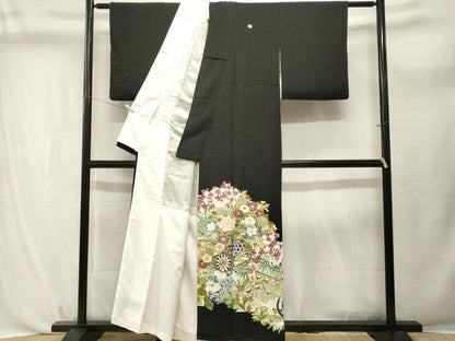 平和屋着物■豪華黒留袖　駒刺繍　花車文　枝花文　暈し染め　金彩　正絹　逸品　CABL3732ev