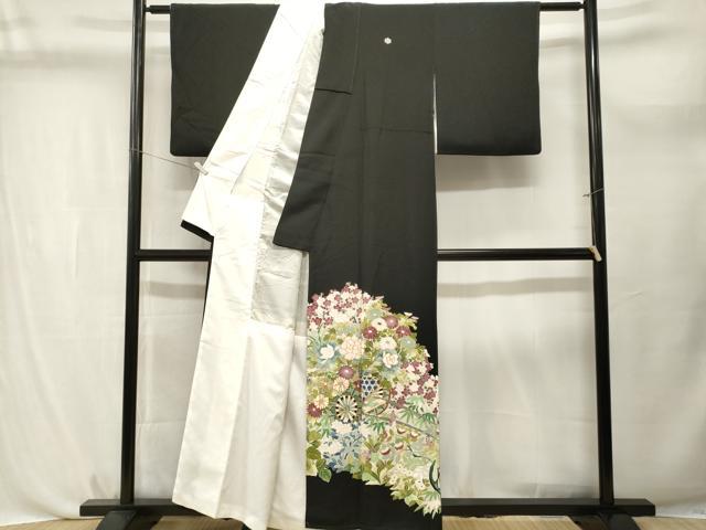 平和屋着物■豪華黒留袖　駒刺繍　花車文　枝花文　暈し染め　金彩　正絹　逸品　CABL3732ev