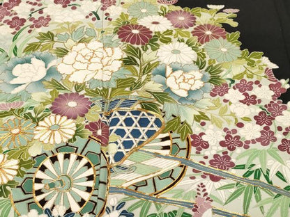 平和屋着物■豪華黒留袖　駒刺繍　花車文　枝花文　暈し染め　金彩　正絹　逸品　CABL3732ev