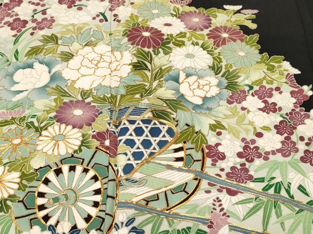平和屋着物■豪華黒留袖　駒刺繍　花車文　枝花文　暈し染め　金彩　正絹　逸品　CABL3732ev