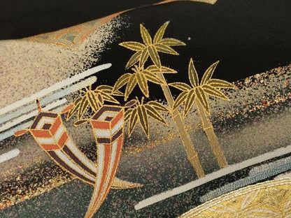 平和屋着物■豪華黒留袖　作家物　駒刺繍　佐賀錦　金嚢松竹梅　地紙鼓吉祥草花文　暈し染め　金彩　正絹　逸品　CABL3742ev