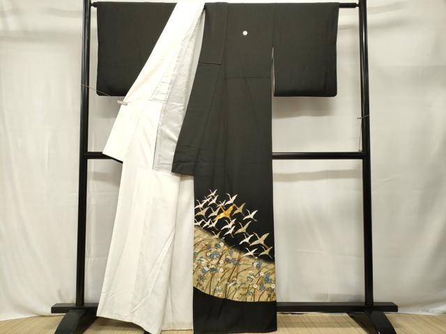 平和屋着物■豪華黒留袖　駒刺繍　飛鶴草花文　金銀彩　正絹　逸品　CABL3757ev