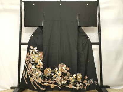 平和屋着物■豪華黒留袖　作家物　刺繍　鬘帯扇面群鶴花文　金彩　正絹　逸品　CABL3765ev