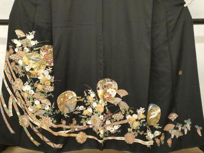 平和屋着物■豪華黒留袖　作家物　刺繍　鬘帯扇面群鶴花文　金彩　正絹　逸品　CABL3765ev