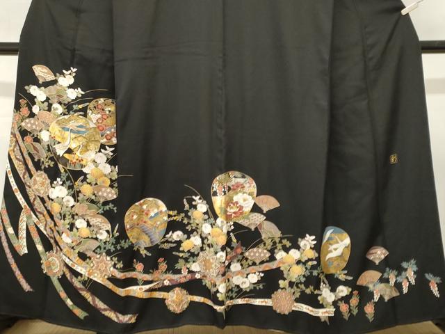 平和屋着物■豪華黒留袖　作家物　刺繍　鬘帯扇面群鶴花文　金彩　正絹　逸品　CABL3765ev
