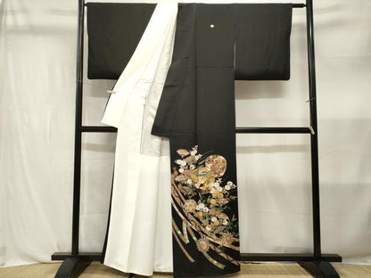 平和屋着物■豪華黒留袖　作家物　刺繍　鬘帯扇面群鶴花文　金彩　正絹　逸品　CABL3765ev