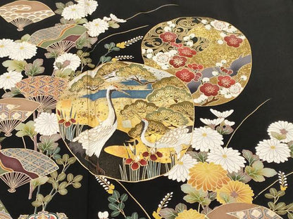 平和屋着物■豪華黒留袖　作家物　刺繍　鬘帯扇面群鶴花文　金彩　正絹　逸品　CABL3765ev
