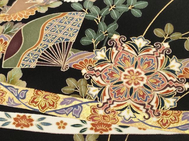 平和屋着物■豪華黒留袖　作家物　刺繍　鬘帯扇面群鶴花文　金彩　正絹　逸品　CABL3765ev
