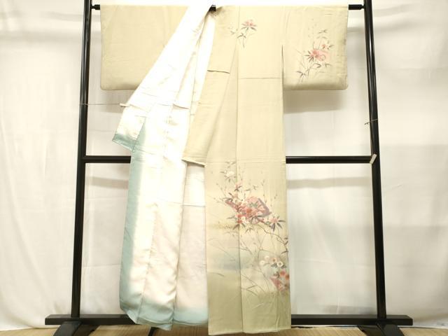 平和屋着物■訪問着　破れ色紙横笛草花文　暈し染め　金彩　正絹　逸品　CABL3825ev