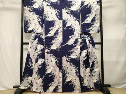 平和屋着物■上質な小紋　扇面草花文　銀彩　正絹　逸品　CABL3828ev