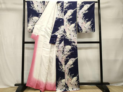 平和屋着物■上質な小紋　扇面草花文　銀彩　正絹　逸品　CABL3828ev