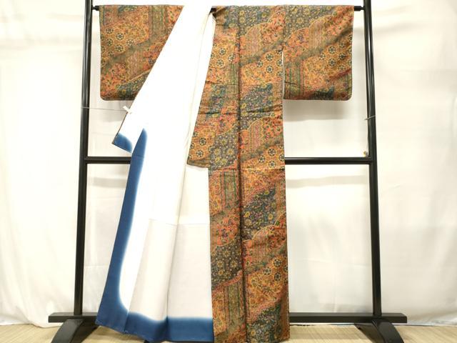 平和屋着物■本場染大島紬　切嵌更紗草花文　正絹　逸品　CABL3855ev