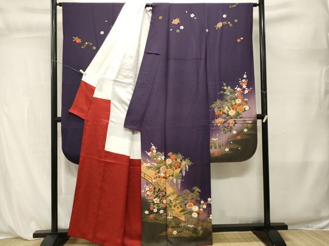平和屋着物■豪華振袖　渡り橋流水扇面花文　暈し染め　金彩　正絹　逸品　CABL3862ev