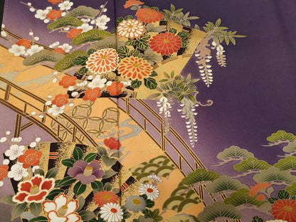 平和屋着物■豪華振袖　渡り橋流水扇面花文　暈し染め　金彩　正絹　逸品　CABL3862ev