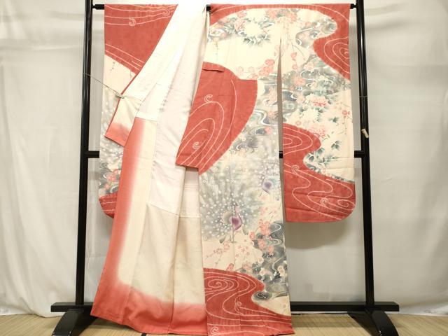 平和屋着物■豪華振袖　孔雀流水花文　暈し染め　銀彩　正絹　逸品　CABL3874ev