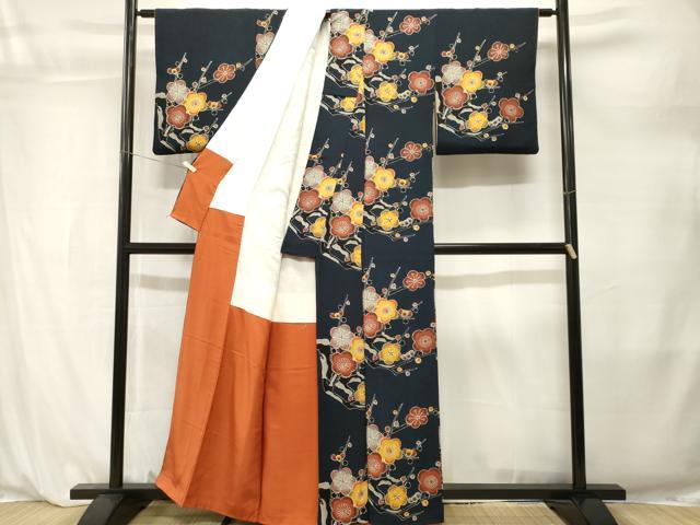 平和屋着物■上質な小紋　型染め　枝梅文　鬼しぼ縮緬　正絹　逸品　CABL3875ev