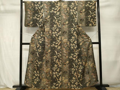 平和屋着物■上質な小紋　ふくれ織　茶器　冊子扇面人物花間道　暈し染め　正絹　逸品　CABL3886ev