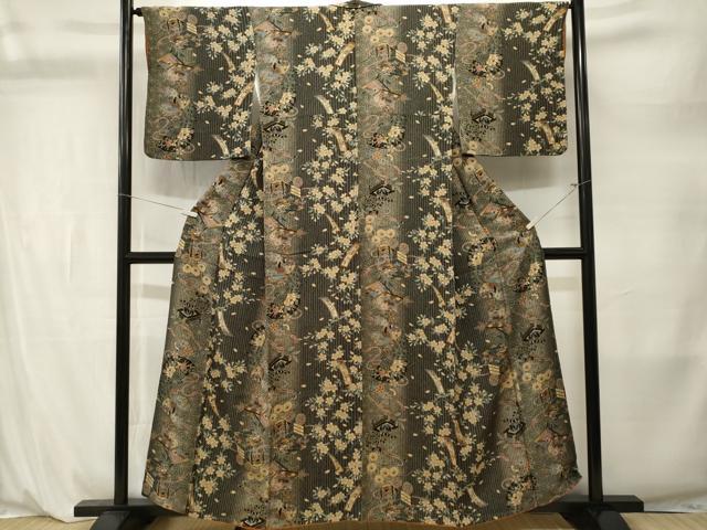 平和屋着物■上質な小紋　ふくれ織　茶器　冊子扇面人物花間道　暈し染め　正絹　逸品　CABL3886ev
