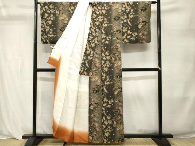 平和屋着物■上質な小紋　ふくれ織　茶器　冊子扇面人物花間道　暈し染め　正絹　逸品　CABL3886ev