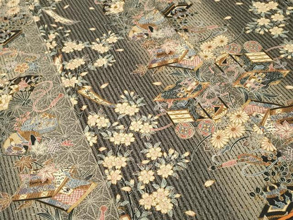 平和屋着物■上質な小紋　ふくれ織　茶器　冊子扇面人物花間道　暈し染め　正絹　逸品　CABL3886ev
