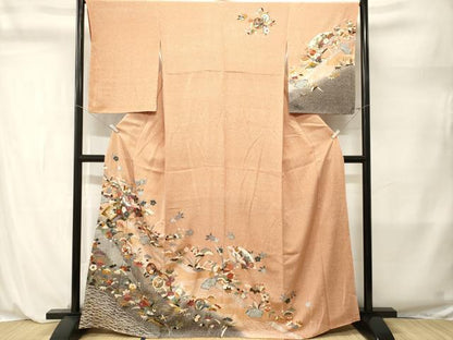 平和屋着物■訪問着　地紙重ね飛鶴草花文　暈し染め　金銀彩　正絹　逸品　CABL3893ev