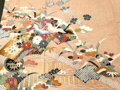 平和屋着物■訪問着　地紙重ね飛鶴草花文　暈し染め　金銀彩　正絹　逸品　CABL3893ev