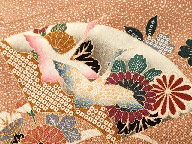 平和屋着物■訪問着　地紙重ね飛鶴草花文　暈し染め　金銀彩　正絹　逸品　CABL3893ev