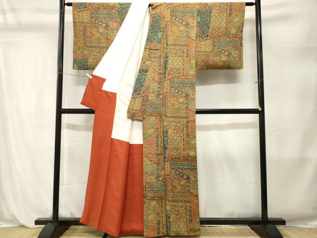 平和屋着物■更勝　小紋　切嵌更紗花文　鬼しぼ縮緬　正絹　逸品　CABL3896ev