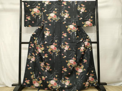 平和屋着物■小紋　麻の葉草花文　黒地　洗える着物　CABL3932ev